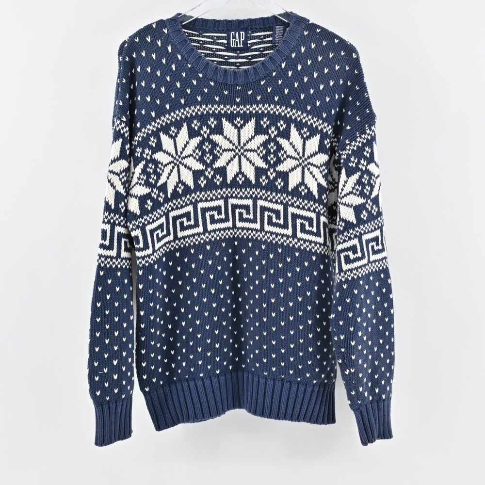 Vtg GAP Mens Sweater Size L Blue Fair Isle Heritage Chunky Knit Crew Neck 80s